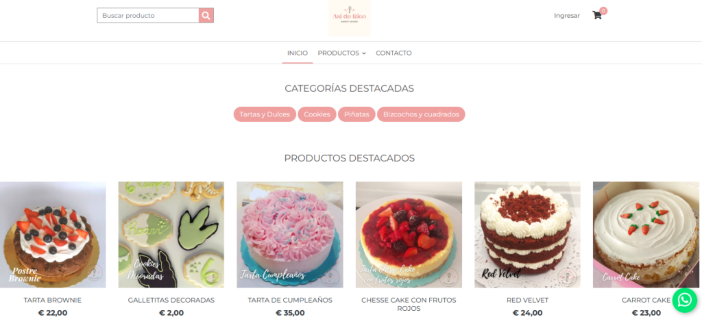 Ejemplo de Tienda Neolo de pastelería, con tartas y galletitas como productos.